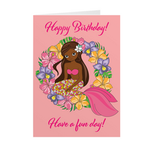Load image into Gallery viewer, African American Floral Mermaid - Have Fun - Birthday Card Shop (Pink) Front