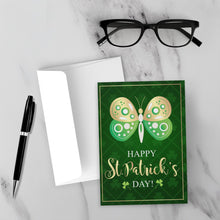 Load image into Gallery viewer, Four Leaf Clovers & Butterfly - Happy St. Patrick's Day Cards with Sample Background