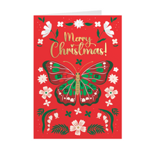 Load image into Gallery viewer, Red & Green Butterfly Merry Christmas Greeting Card Front