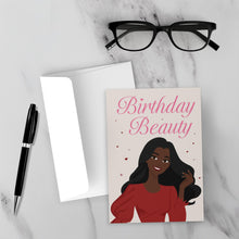 Load image into Gallery viewer, She's A Birthday Beauty - African American Woman - Black Card Shop - Front (With Background)