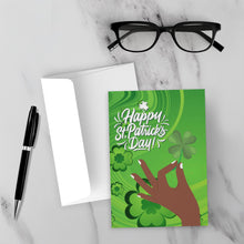 Load image into Gallery viewer, African American Hand - White Polished Nails - Happy St. Patrick's Day Cards with Sample Background