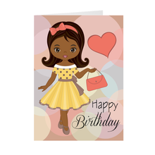 Load image into Gallery viewer, African-American Girl - Dress & Purse - Happy Birthday Greeting Card Front