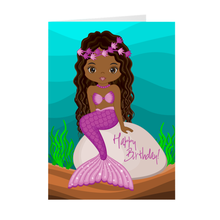 Load image into Gallery viewer, Purple - African-American Girl - Mermaid Birthday Card Front