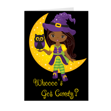 Load image into Gallery viewer, Who's Got Candy - African American Girl - Halloween Greeting Card Front