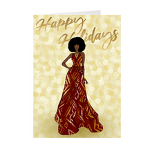 Load image into Gallery viewer, Afro - Red & Gold Dress - African American Woman Happy Holidays Greeting Card Front