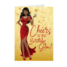 Load image into Gallery viewer, Cheers Birthday Glow - Red Gown - African American Girl - Greeting Card Front