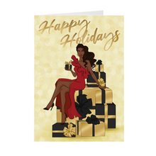 Load image into Gallery viewer, Happy Holidays Red Dress - Black & Gold Gifts - African American Holiday Greeting Cards Front
