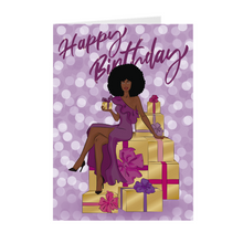 Load image into Gallery viewer, Afro - Purple Dress & Colorful Gifts - African American Birthday Card Front