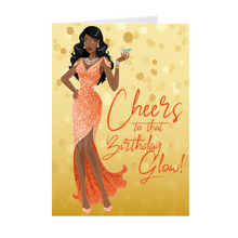 Load image into Gallery viewer, Cheers Birthday Glow - Peach Gown - African American Girl - Greeting Card Front