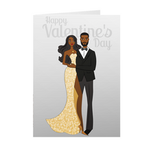 Load image into Gallery viewer, Gold Dress & Black Suit - African American Couple - Black Valentine's Day Card Front