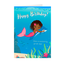 Load image into Gallery viewer, Swimming Birthday - Black Mermaid - African American Kids Birthday Card Front