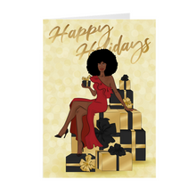 Load image into Gallery viewer, Afro Happy Holidays - Red Dress - African American Holiday Greeting Cards Front