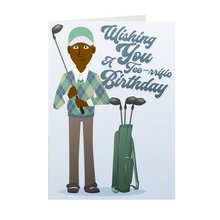 Load image into Gallery viewer, Blue & Green Argyle – African American Golf Player Birthday Card Front