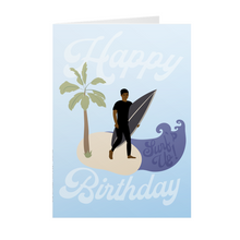 Load image into Gallery viewer, African American Surfer Boy - Surf's Up - Black Stationery Birthday Cards Front