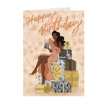 Load image into Gallery viewer, Peach Dress & Gifts - African American Birthday Card Front