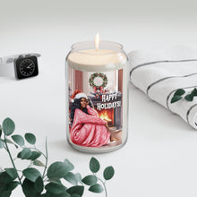 Load image into Gallery viewer, Holiday Scented Soy Candle - African American Woman -  &quot;Happy Holidays!&quot; Cozy Fireplace Design, 13.75 oz