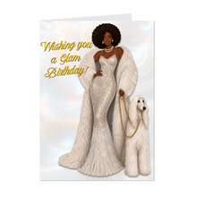 Load image into Gallery viewer, Curly Afro Hairstyle - Wishing You A Glam Birthday - Smiling African American Woman - Sparkle White Dress - Fancy Dog
