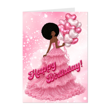 Load image into Gallery viewer, Afro Hairstyle - Happy Birthday - Smiling African American Woman - Birthday Card - Heart Balloons - Pink Dress
