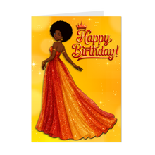 Load image into Gallery viewer, Afro Hairstyle - Happy Birthday - Red, Orange &amp; Gold Sunset Dress - Smiling African American Woman