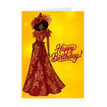 Load image into Gallery viewer, Afro Hairstyle - Happy Birthday - Gold &amp; Red Dress &amp; Hat - Smiling African American Woman - Elegant Cards