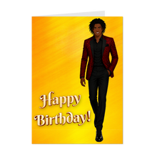 Load image into Gallery viewer, Red &amp; Black Patterned Suit &amp; Tie – African American Man – Happy Birthday Card - Dreadlocks Hairstyle
