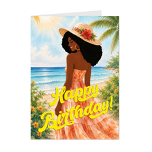 Load image into Gallery viewer, Hat &amp; Orange Print Dress - Happy Birthday - Smiling African American Woman - Greeting Card - Beach Scenery