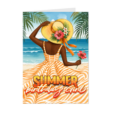 Load image into Gallery viewer, Flower Hat, Dress &amp; Beach Scenery - Striped Dress - Summer Birthday Girl - African American Woman - Greeting Card