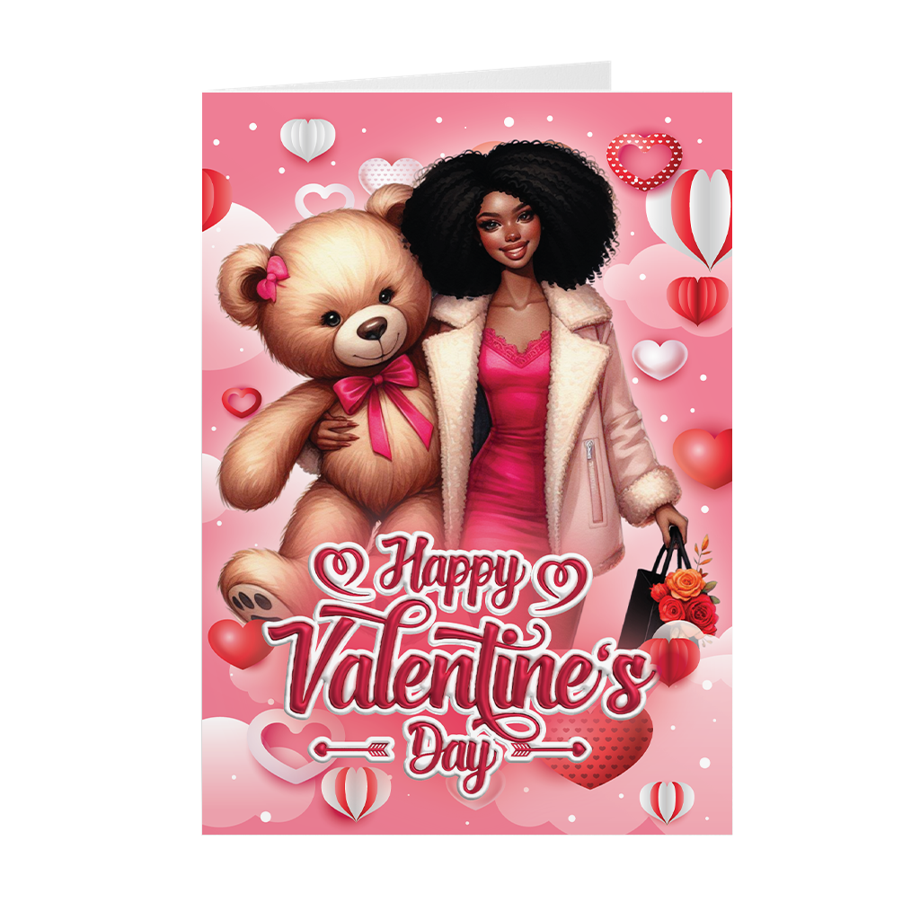 African American Woman & Teddy Bear - Valentine's Day Card