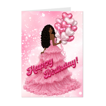 Load image into Gallery viewer, Curly Wavy Hairstyle - Happy Birthday - Smiling African American Woman - Birthday Card - Heart Balloons - Pink Dress