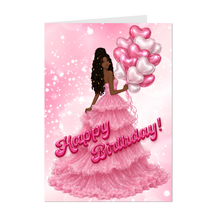 Load image into Gallery viewer, Dreadlocks Hairstyle - Happy Birthday - Smiling African American Woman - Birthday Card - Heart Balloons - Pink Dress