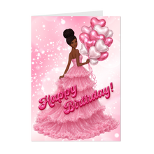 Load image into Gallery viewer, Braids Updo Hairstyle - Happy Birthday - Smiling African American Woman - Birthday Card - Heart Balloons - Pink Dress