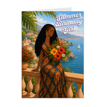 Load image into Gallery viewer, Colorful Dress &amp; Flowers - Summer Birthday Girl - African American Woman - Birthday Card - Curly Braids Hairstyle