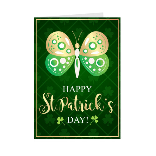 Four Leaf Clovers & Butterfly - Happy St. Patrick's Day Cards Front