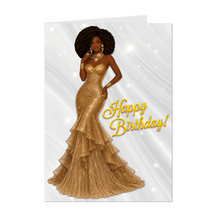 Load image into Gallery viewer, Wavy Hairstyle - Happy Birthday Card - Gold Jewelry &amp; Dress - Smiling African American Woman