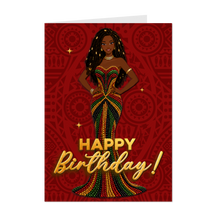 Load image into Gallery viewer, Dreadlocks Hairstyle - Happy Birthday - Beaded Colors of Africa Dress - Smiling African American Woman