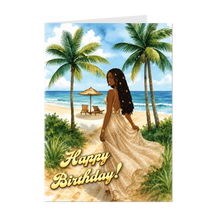 Load image into Gallery viewer, Dreadlocks Hairstyle - Gold Sparkle Dress - Happy Birthday - Smiling African American Woman - Greeting Card - Beach Scenery