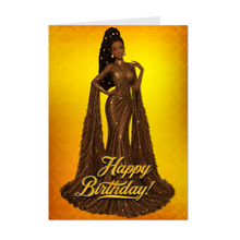 Load image into Gallery viewer, Dreadlocks Hairstyle - Happy Birthday Card - Solid Gold Dress - Smiling African American Woman