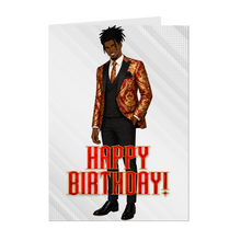 Load image into Gallery viewer, Red &amp; Gold Suit &amp; Tie – African American Man – Birthday Card - Dreadlocks Hairstyle