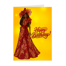 Load image into Gallery viewer, Dreadlocks Hairstyle - Happy Birthday - Gold &amp; Red Dress &amp; Hat - Smiling African American Woman