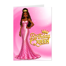 Load image into Gallery viewer, Dreadlocks Hairstyle - Pink Happy Birthday Card - Scales of Mermaid Dress &amp; Crown - Smiling African American Woman