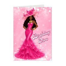 Load image into Gallery viewer, Long Wavy Hairstyle - Happy Birthday - Smiling African American Woman - Birthday Card - Pink Dress &amp; Butterfly Flower Hat