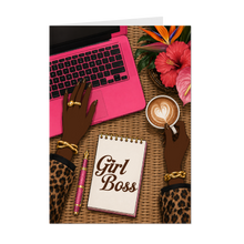 Load image into Gallery viewer, Leopard Print Nail Design &amp; Clothing - Girl Boss - Pink Laptop - African American Greeting Card - Colorful Flowers