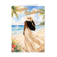 Load image into Gallery viewer, Gold Ribbon Hat - Sparkle Dress - Happy Birthday - African American Woman - Greeting Card - Beach Scenery