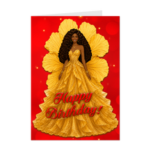 Load image into Gallery viewer, Long Wavy Hairstyle - Happy Birthday Card - Gold Glam Gown - Smiling African American Woman - Stylish Greeting Cards