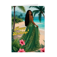 Load image into Gallery viewer, Emerald Green &amp; Gold Dress - Happy Birthday - African American Woman - Birthday Card - Beach Scenery