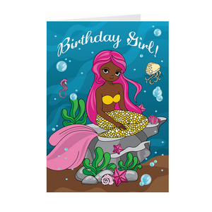 African American Mermaid - Birthday Girl - Black Card Shop (Yellow)