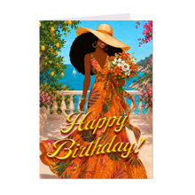 Load image into Gallery viewer, Orange Print Dress - Happy Birthday - Smiling African American Woman - Birthday Card - Oversized Hat - Flowers