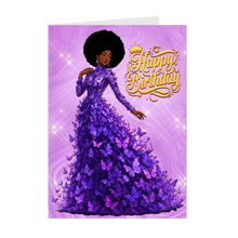 Load image into Gallery viewer, Afro Hairstyle - Happy Birthday - Shades of Purple Butterflies Gown - Smiling African American Woman - Gold &amp; Purple