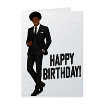 Load image into Gallery viewer, Black Suit &amp; Tie – African American Man – Birthday Card - Afro Hairstyle - Geometric Print