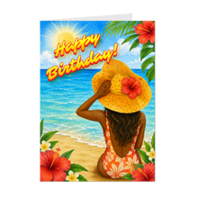 Load image into Gallery viewer, Swimsuit, Hat &amp; Beach - Happy Birthday - African American Woman - Greeting Card - Flowers - Sunshine